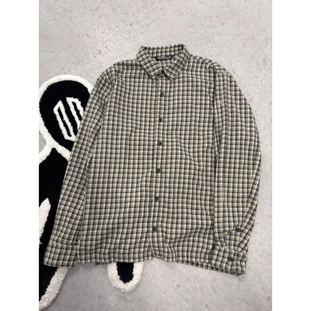 Arcteryx Mens Long Sleeve Button Down Gingham Plaid Shirt Grey Small Logo
